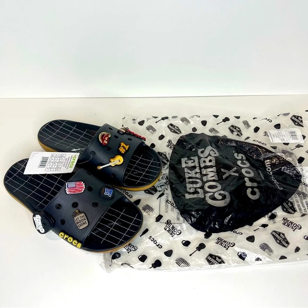 Luke Combs X Crocs Mens 8 Womens 10 Unisex Guitar Music Flag Beer Slides Sandals